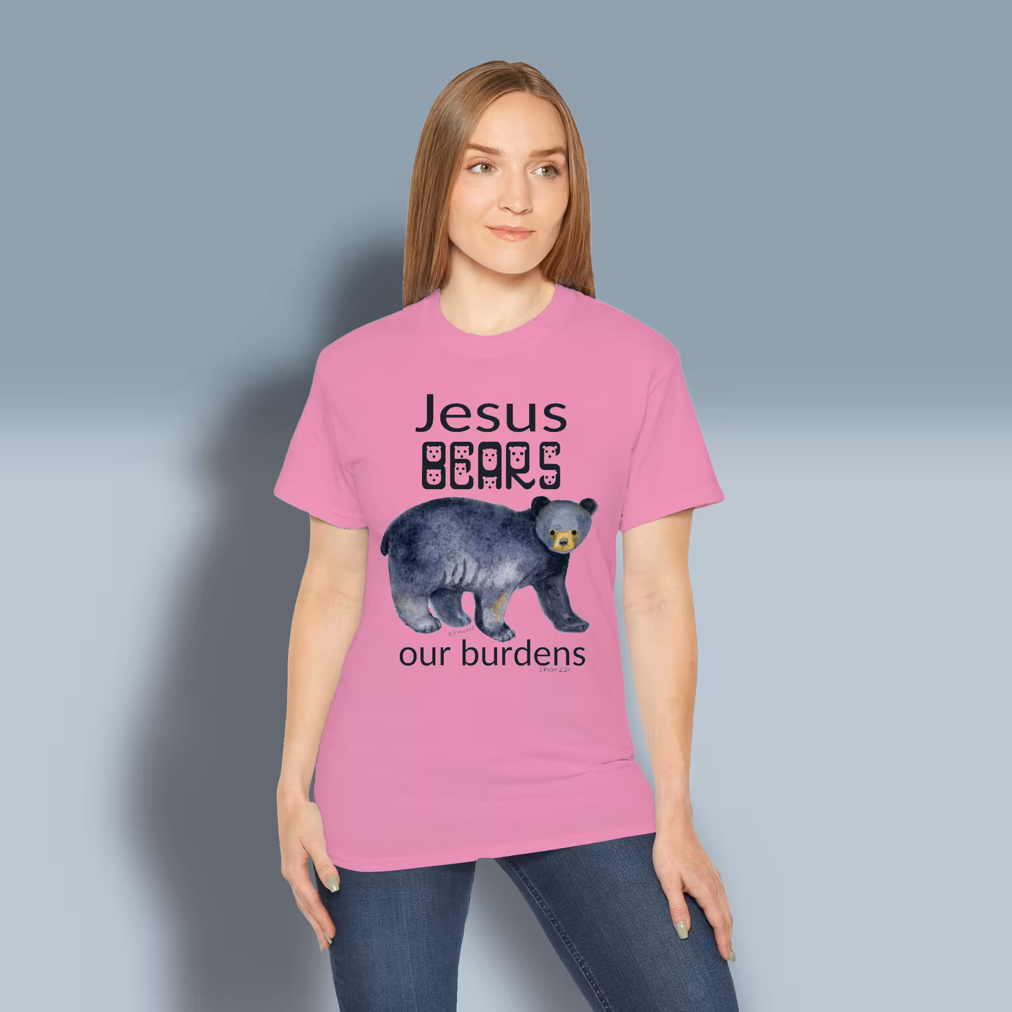 Bear of Burdens Tee Mind-Blowing, Beautiful Jesus Bares it all Azalea Colored Haloed Tee Happy Female Customer Wearing The Tee Shirt