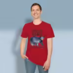 Bear of Burdens Tee Mind-Blowing, Beautiful Jesus Bares it all Cherry Red Colored Haloed Tee Happy Male Customer Wearing the Tee Shirt