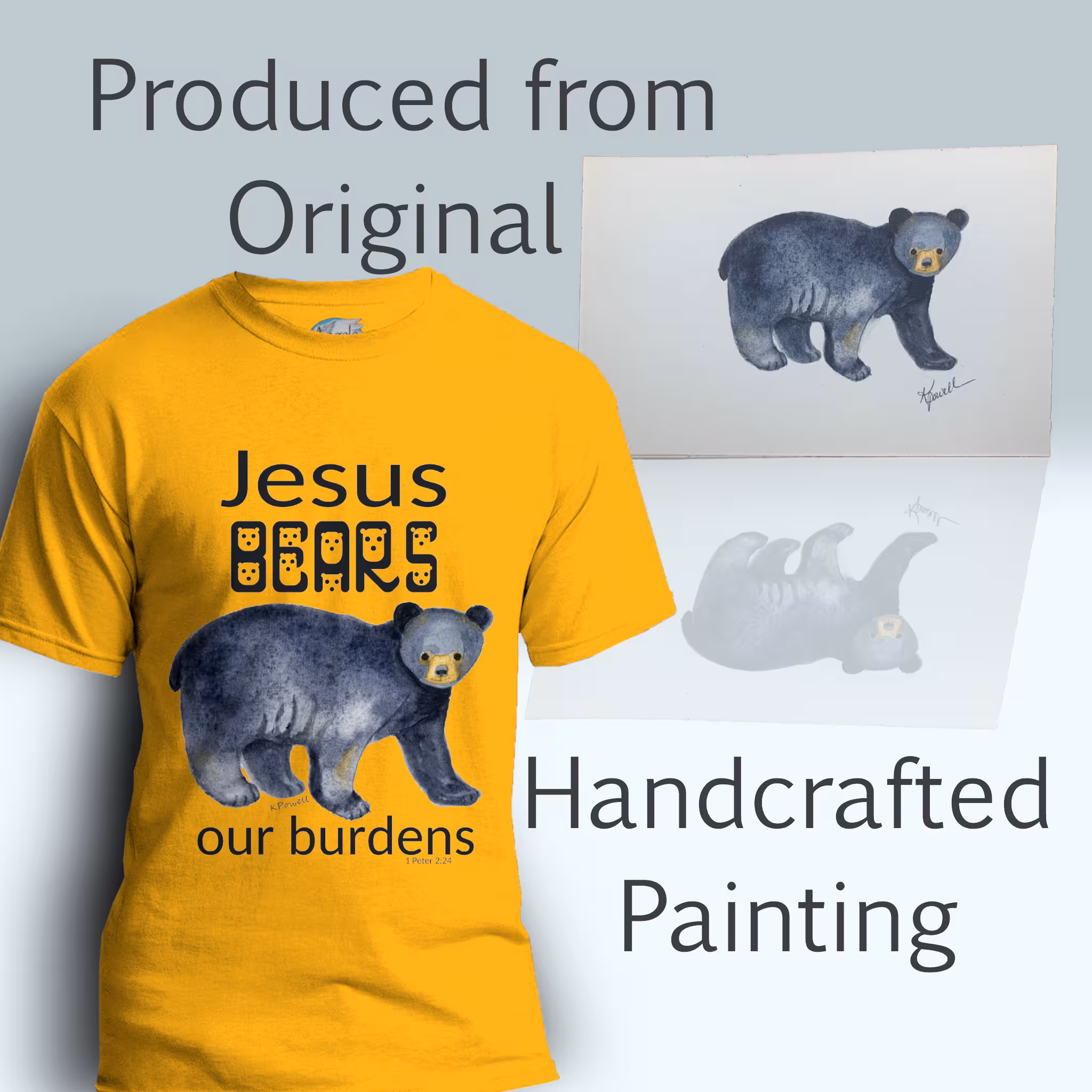 Bear of Burdens Tee Mind-Blowing, Beautiful Jesus Bares it all Gold Colored Haloed Tee shown with the original watercolor painting