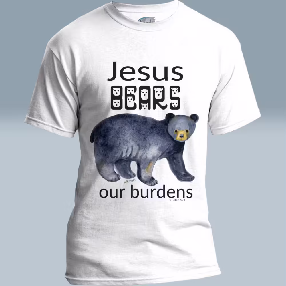 Bear of Burdens Tee Mind-Blowing, Beautiful Jesus Bares it all White Colored Haloed Tee