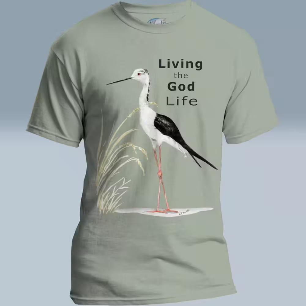 Beautiful Crane Tee Living the Fantastic God Life Sage colored Haloed Tee