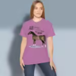 Beautiful Horse Tee Eye-Opening Scripture Art Hand Painted Arabian Heather Radiant Orchid colored Haloed Tee happy female customer wearing the tee shirt