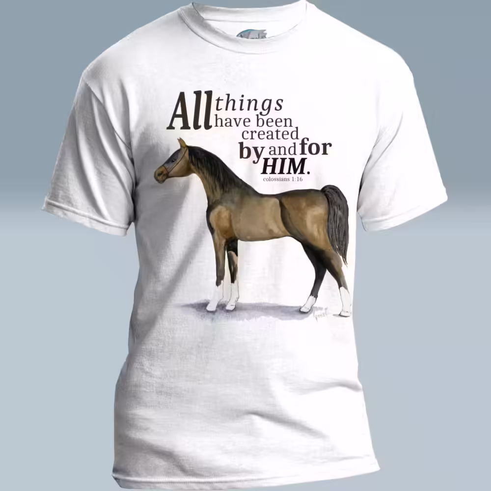 Beautiful Horse Tee Eye-Opening Scripture Art Hand Painted Arabian White colored Haloed Tee