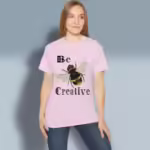 Bee Creative Tee New Fantastic Wings of Invention Light Pink Colored Haloed Tee happy female customer wearing the tee shirt