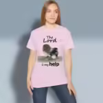Birds of Faith Tee Now The Lord is My Help Light Pink Colored Haloed Tee happy female customer wearing the tee shirt