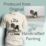 Birds of Faith Tee Now The Lord is My Help Natural Colored Haloed Tee shown with the ortiginal watercolor painting