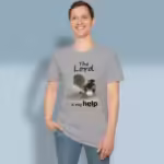 Birds of Faith Tee Now The Lord is My Help Sport Grey Colored Haloed Tee happy male customer wearing the tee shirt
