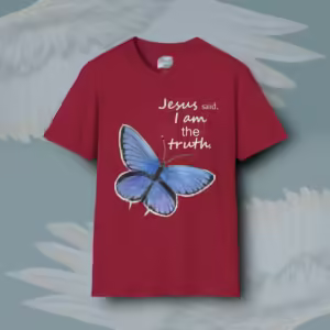 Blue Butterfly Tee Jesus the Beautiful Truth Cardinal Red Colored Haloed Tee Framed By Angels Fly Here