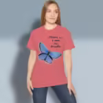 Blue Butterfly Tee Jesus the Beautiful Truth Coral Silk Colored Haloed Tee happy female customer wearing the tee shirt