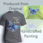 Blue Butterfly Tee Jesus the Beautiful Truth Graphite Heather Colored Haloed Tee shown with the original watercolor painting