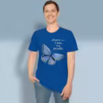 Blue Butterfly Tee Jesus the Beautiful Truth Royal Colored Haloed Tee happy ,ale customer wearing the tee shirt