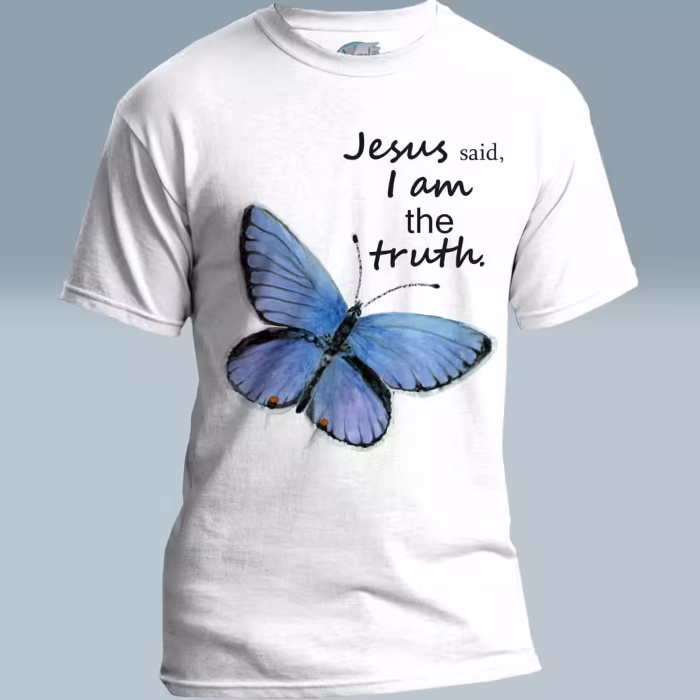 Blue Butterfly Tee Jesus the Beautiful Truth White Colored Haloed Tee