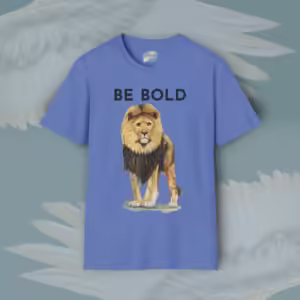 Bold Beautiful Lion Tee Daring, Fearless, Inspiration from Proverbs Iris Colored Haloed T-Shirt Framed By Angels Fly Here