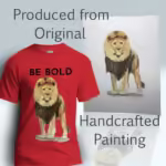 Bold Beautiful Lion Tee Daring, Fearless, Inspiration from Proverbs Red Colored Haloed T-Shirt Shown with the original watercolor painting