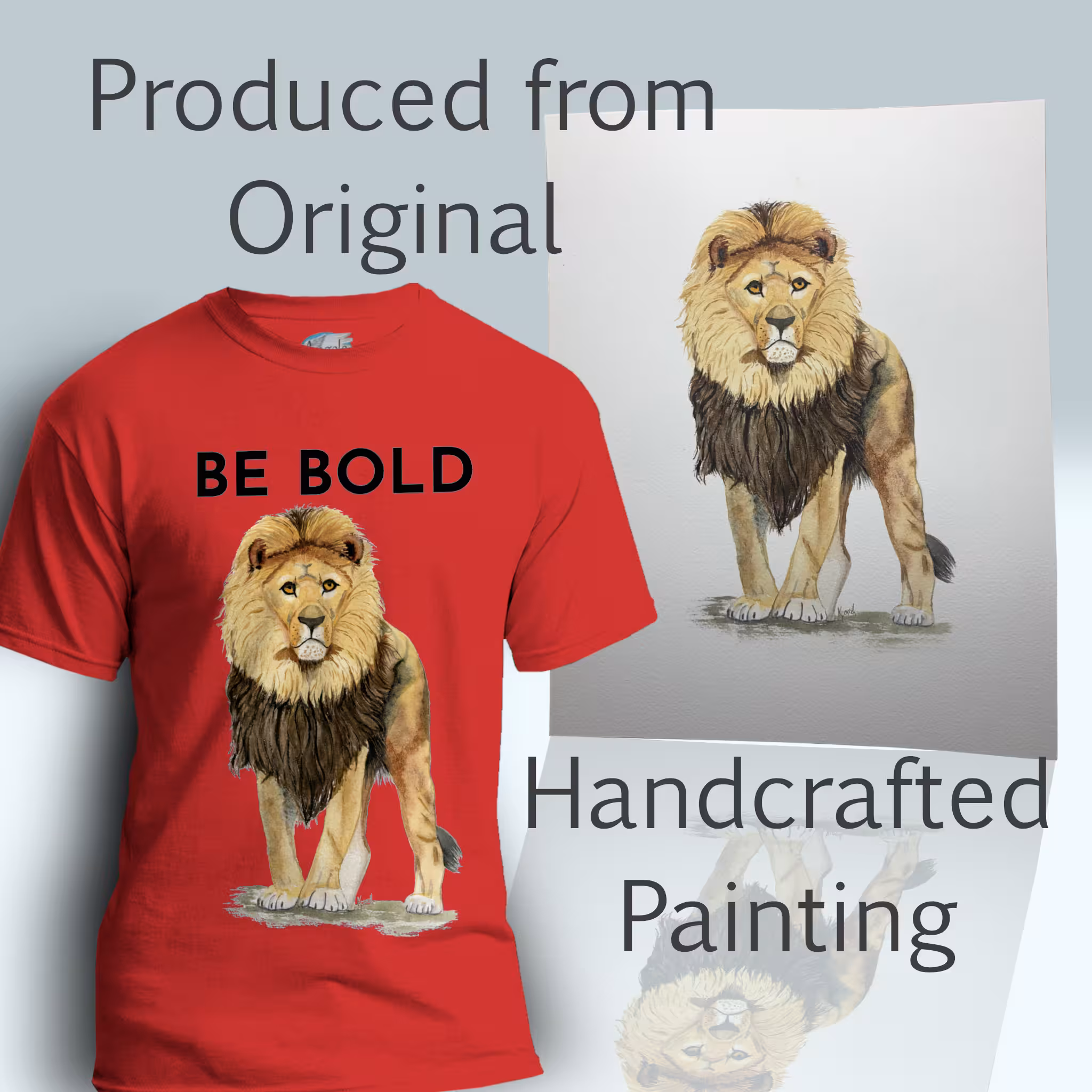 Bold Beautiful Lion Tee Daring, Fearless, Inspiration from Proverbs Red Colored Haloed T-Shirt Shown with the original watercolor painting