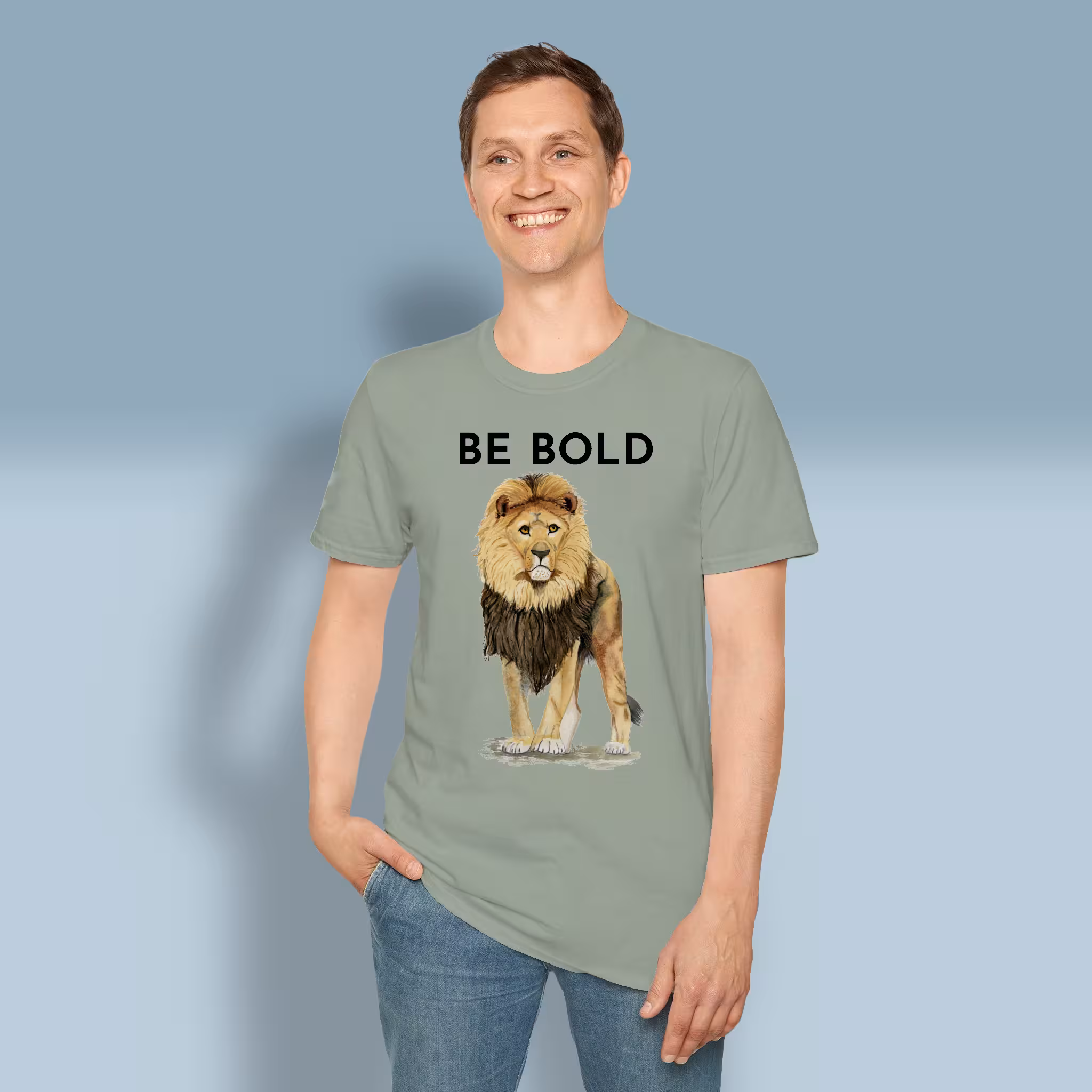 Bold Beautiful Lion Tee Daring, Fearless, Inspiration from Proverbs Sage Colored Haloed T-Shirt Happy Male Customer Wearing the Tee Shirt