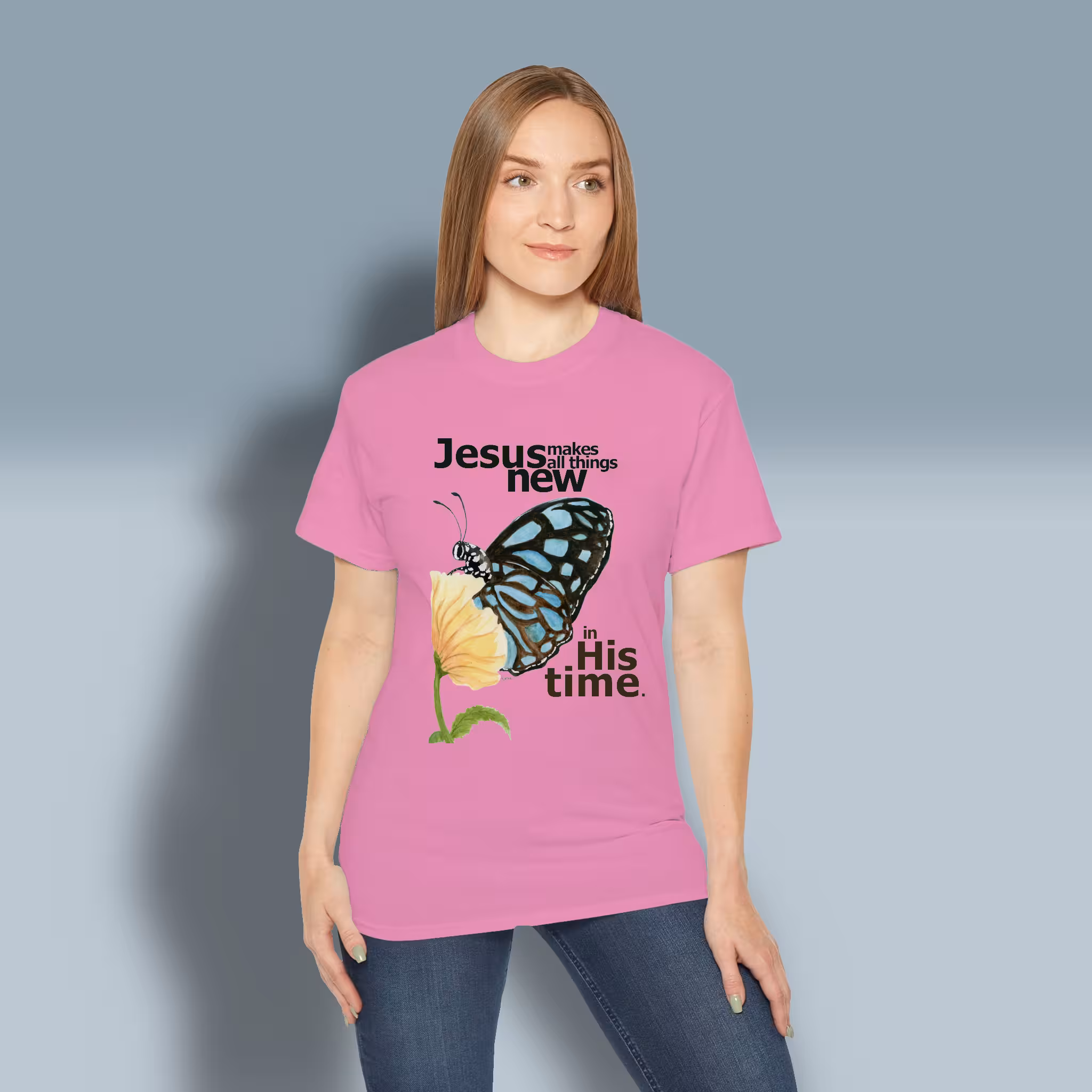 Butterfly Blossom Tee All Things Made Remarkably New Carolina Azalea Colored Haloed Tee Happy Female Customer wearing the Tee Shirt