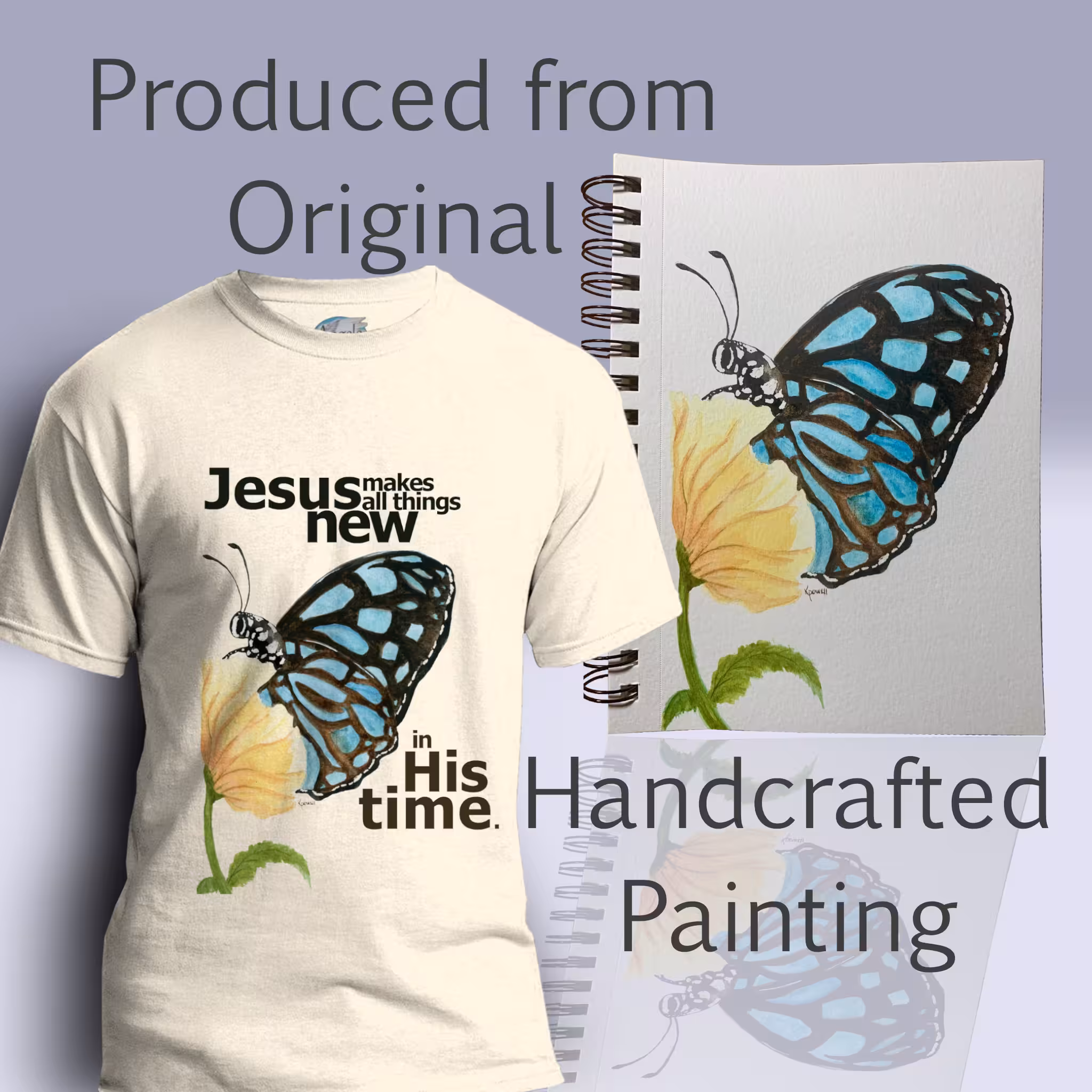 Butterfly Blossom Tee All Things Made Remarkably New Carolina Natural Colored Haloed Tee Show with the original watercolor painting