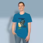 Butterfly Blossom Tee All Things Made Remarkably New Carolina Sapphire Colored Haloed Tee Happy Male Customer wearing the Tee Shirt