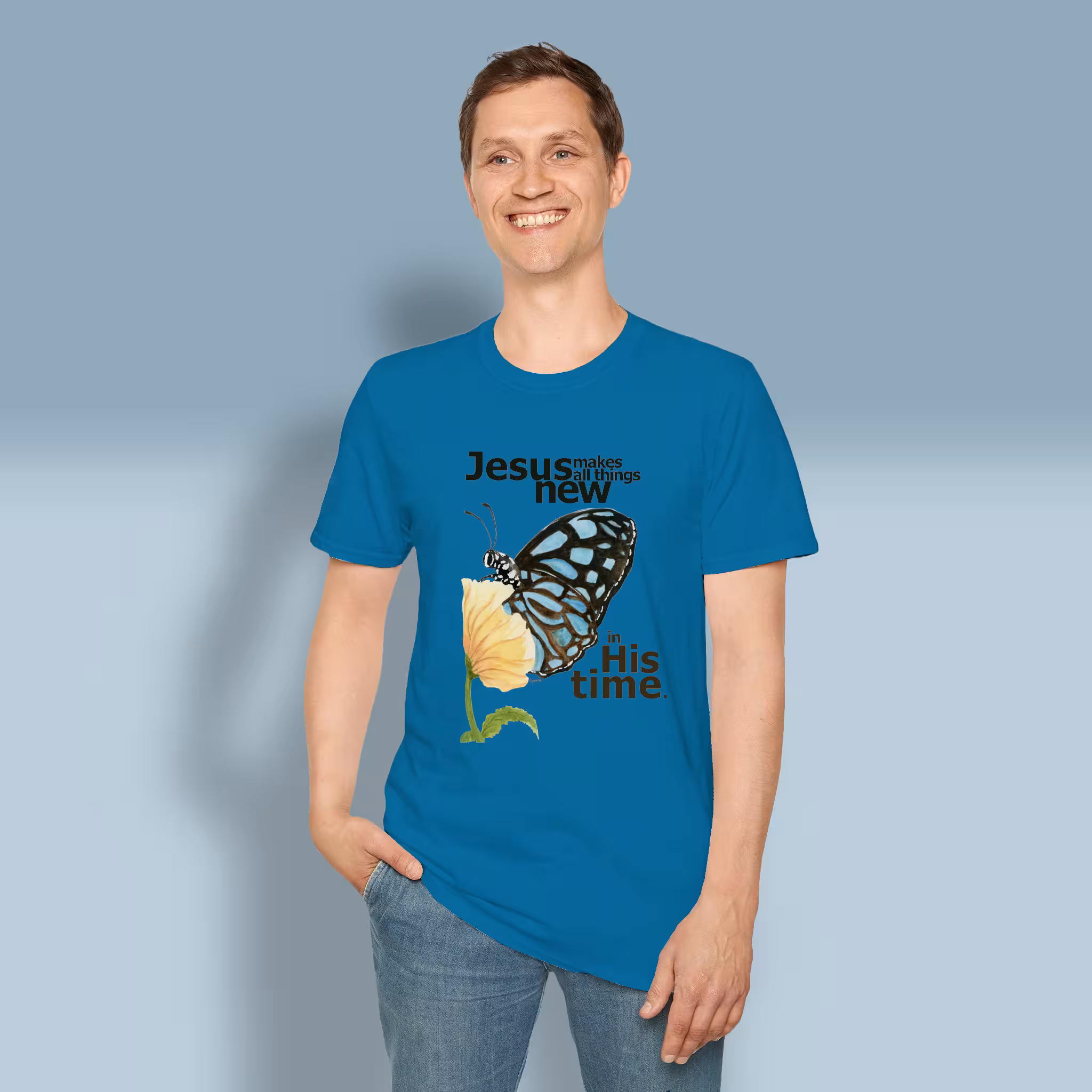 Butterfly Blossom Tee All Things Made Remarkably New Carolina Sapphire Colored Haloed Tee Happy Male Customer wearing the Tee Shirt