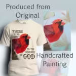 Cardinal of Wonder Tee Beautiful Red Cardinal & Epic Inspiration Natural Colored Haloed Tee shown with the original watercolor painting