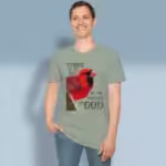 Cardinal of Wonder Tee Beautiful Red Cardinal & Epic Inspiration Sage Colored Haloed Tee happy male customer wearing the tee shirt