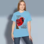 Cardinal of Wonder Tee Beautiful Red Cardinal & Epic Inspiration Sky Colored Haloed Tee Happy female customer wearing the tee shirt