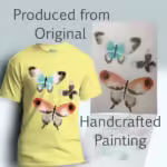 Colorful Butterflies Tee Beautiful Eye-opening Watercolor Art Corn Silk Colored Haloed Tee shown with the original watercolor painting