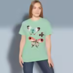 Colorful Butterflies Tee Beautiful Eye-opening Watercolor Art Mint Green Colored Haloed Tee happy female customer wearing the tee shirt