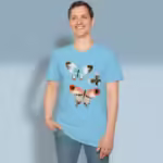 Colorful Butterflies Tee Beautiful Eye-opening Watercolor Art Sky Colored Haloed Tee happy male customer wearing the tee shirt