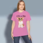 Corgi Love Tee The Best Lessons in Obedience Azalea Colored Haloed Tee happy female customer wearing the tee shirt