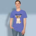 Corgi Love Tee The Best Lessons in Obedience Heather Royal Colored Haloed Tee happy male customer wearing the tee shirt