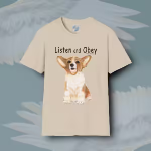 Corgi Love Tee The Best Lessons in Obedience Sand Colored Haloed Tee Framed By Angels Fly Here
