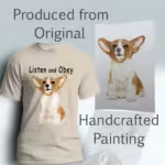 Corgi Love Tee The Best Lessons in Obedience Sand Colored Haloed Tee shown with the original watercolor painting