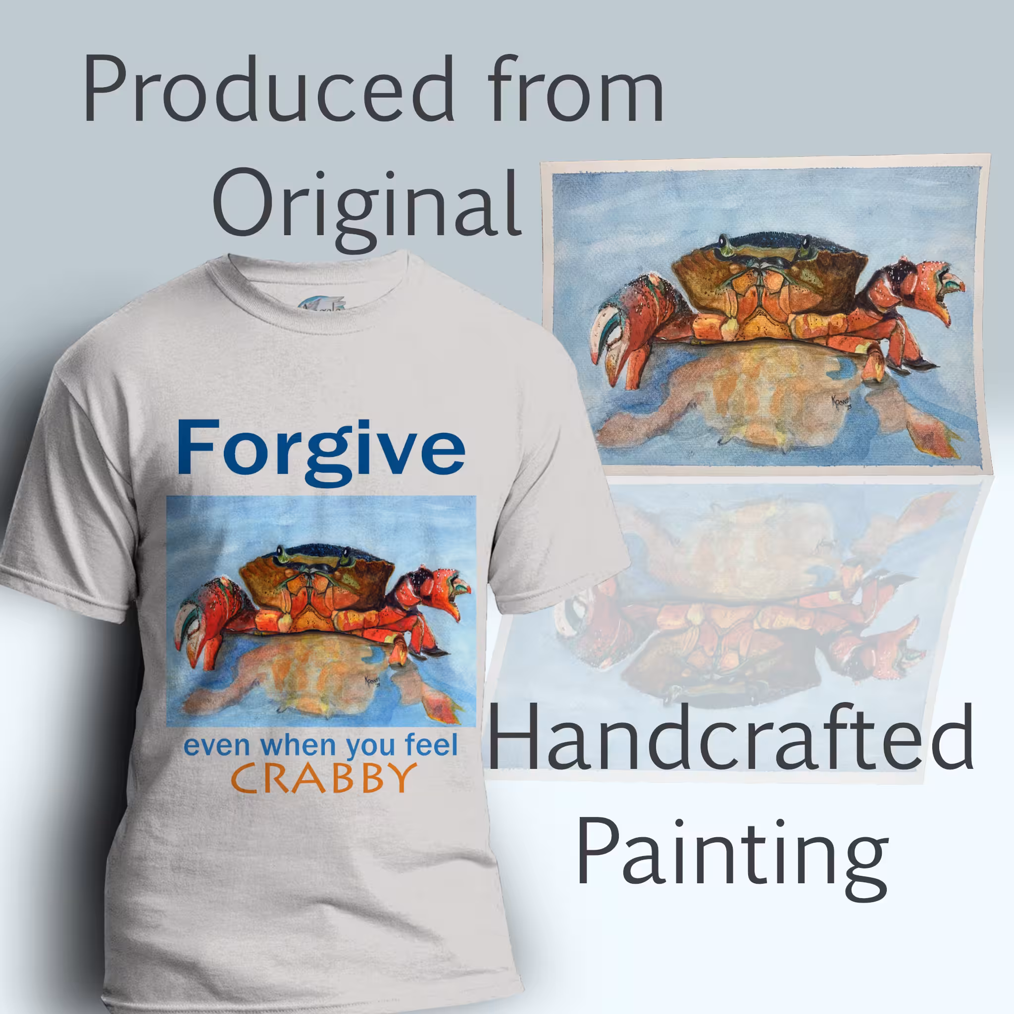 Crabby Forgiveness Tee Beautiful Ocean Shoreline Epic Art Ice Grey Colored Haloed Tee Shown With the original watercolor painting