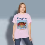 Crabby Forgiveness Tee Beautiful Ocean Shoreline Epic Art Light Pink Colored Haloed Tee Happy Female customer wearing the tee shirt