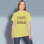 Delightful Faith Tee Beautiful Psalm 37_4 Text Art Corn Silk Colored Haloed Tee Happy Female Customer Wearing The tee Shirt
