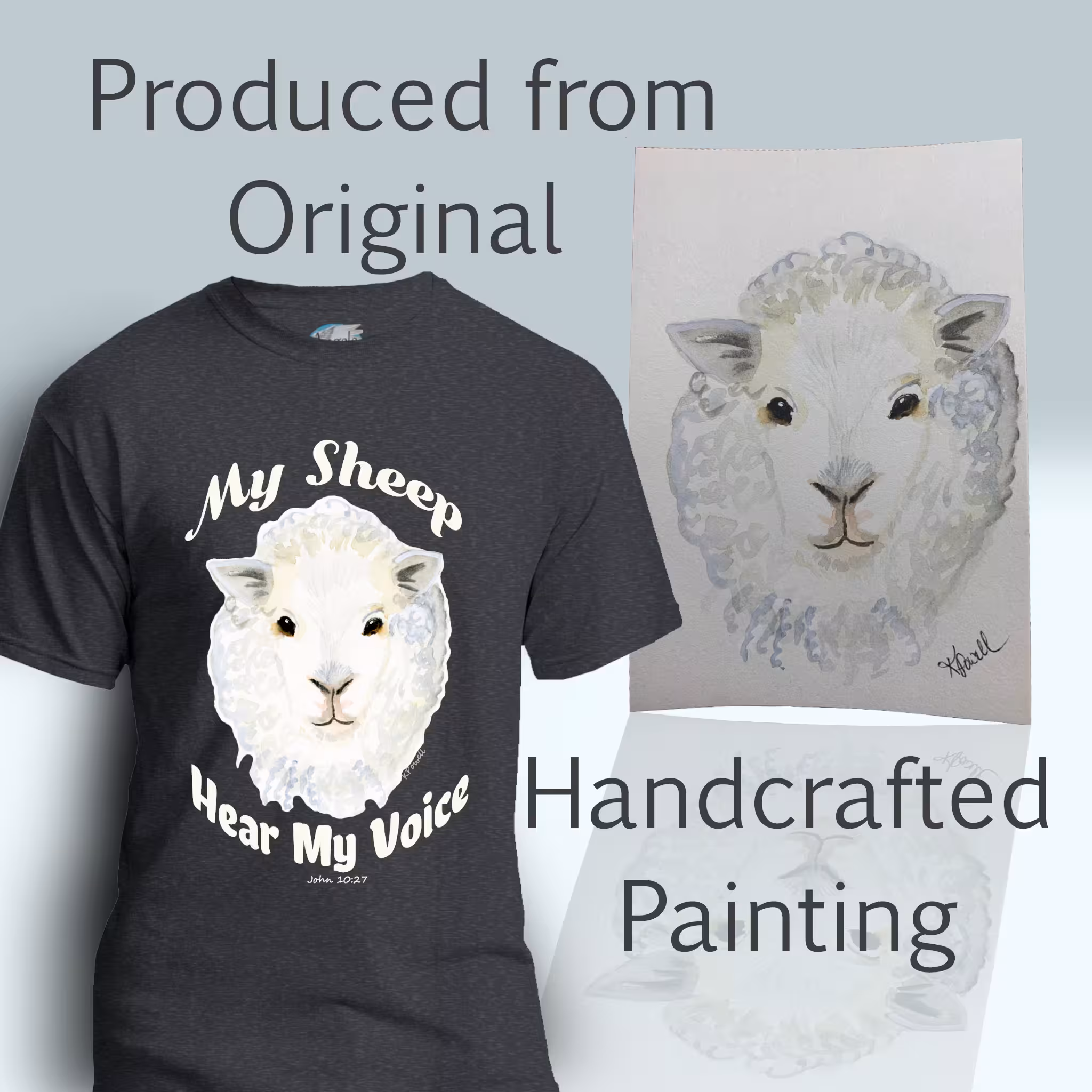 Devoted Sheep Tee The Beautiful Divine Calling Dark Heather Grey Colored Haloed Tee Shown with the original watercolor painting