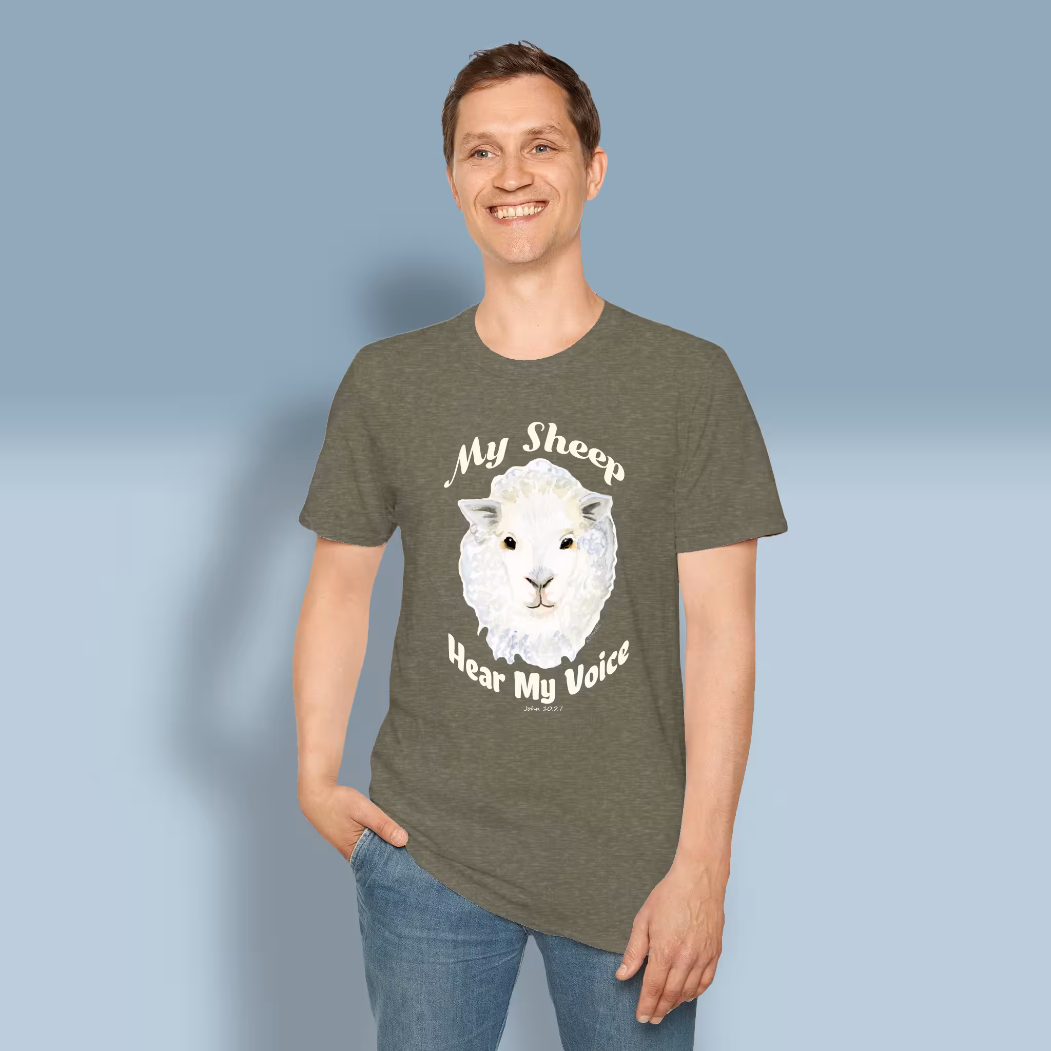 Devoted Sheep Tee The Beautiful Divine Calling Heather Military Green Colored Haloed Tee Happy male customer wearing the tee shirt
