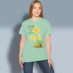 Divine Daffodils Tee Fantastic Forgiveness, Beautiful Restoration Mint Green Colored haloed Tee happy female customer wearing the tee shirt