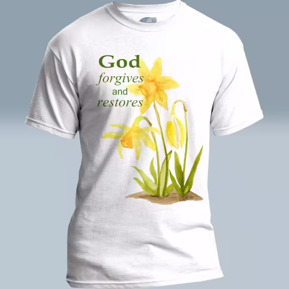 Divine Daffodils Tee Fantastic Forgiveness, Beautiful Restoration White Colored haloed Tee