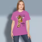 Divine Perspective Giraffe Tee Under His Ways Heather Berry Colored Haloed T-Shirt happy female customer wearing the tee shirt