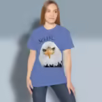 Eagle Majesty Tee Beautiful, Inspiration to Send You Soaring Iris Colored Haloed Tee happy female customer wearing the tee shirt