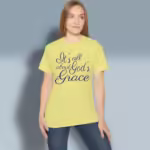 Elegant Grace Tee Beautiful Scripted Faith Corn Silk Colored Haloed Tee Happy Female Customer Wearing the Tee Shirt