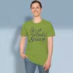 Elegant Grace Tee Beautiful Scripted Faith Kiwi Colored Haloed Tee Happy Male Customer Wearing the Tee Shirt