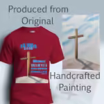 Eternal Life Tee Wondrous, Amazing Cross on a Hill Cardinal Red Colored Haloed Tee shown with the original watercolor painting