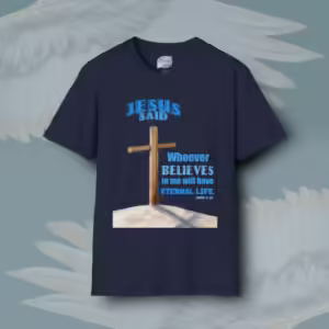 Eternal Life Tee Wondrous, Amazing Cross on a Hill Navy Colored Haloed Tee Framed By Angels Fly Here