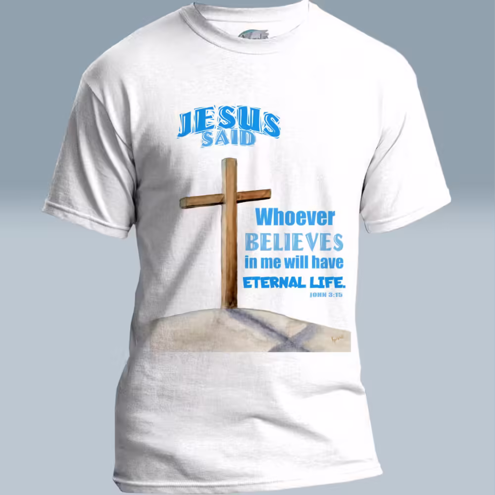Eternal Life Tee Wondrous, Amazing Cross on a Hill White Colored Haloed Tee