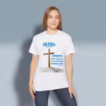 Eternal Life Tee Wondrous, Amazing Cross on a Hill White Colored Haloed Tee happy female customer wearing the tee shirt