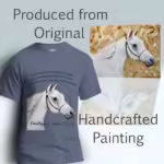 Faithful Rider Tee Stunning, Beautiful, White Horse Revelation Heather Indigo Colored Haloed Tee shown with the original watercolor painting